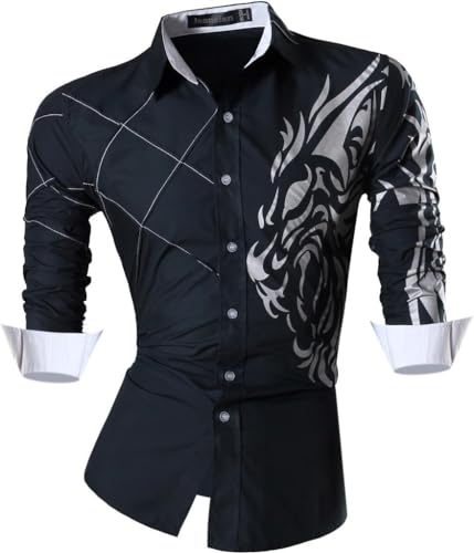 jeansian Herren Freizeit-Knopfleiste Langarm Hemd mit modischem Print Stilvoll Men Shirt K030_DarkBlue_XL von jeansian