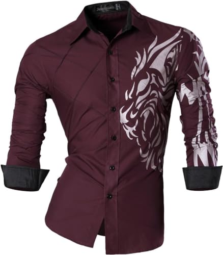 jeansian Herren Freizeit-Knopfleiste Langarm Hemd mit modischem Print Stilvoll Men Shirt K030_WineRed_3XL von jeansian