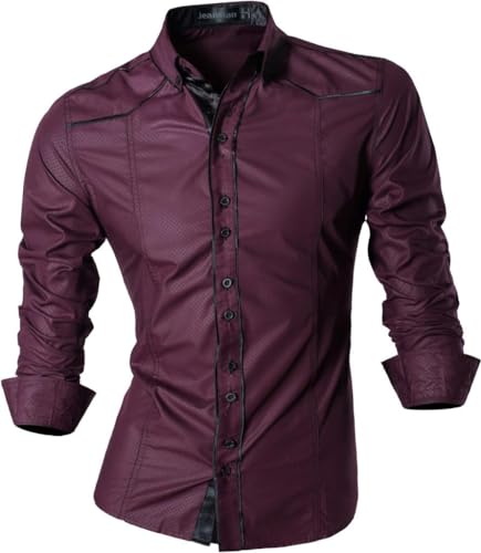 jeansian Herren Freizeit-Knopfleiste Langarm Hemd mit modischem Print Stilvoll Men Shirt K034_WineRed_XL von jeansian