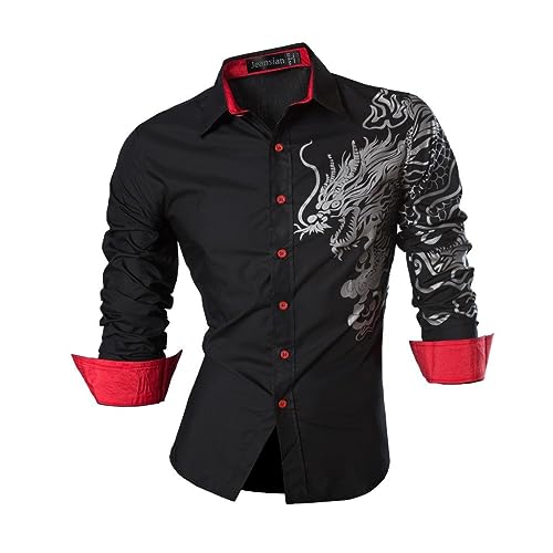 jeansian Herren Freizeit-Knopfleiste Langarm Hemd mit modischem Print Stilvoll Men Shirt K037_Black_3XL von jeansian