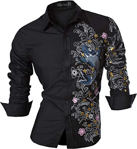 jeansian Herren Freizeit-Knopfleiste Langarm Hemd mit modischem Print Stilvoll Men Shirt K038_Black_M von jeansian