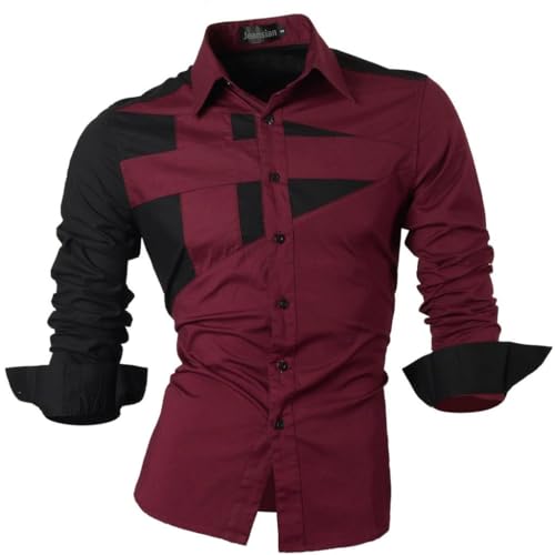 jeansian Herren Freizeit-Knopfleiste Langarm Hemd mit modischem Print Stilvoll Men Shirt K397 WineRed L von jeansian