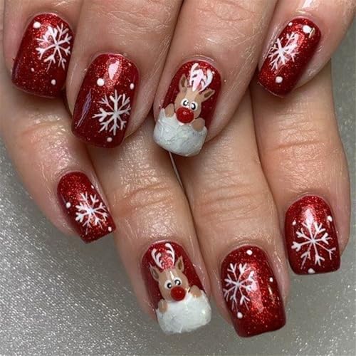 Cartoon Elks Full Covers Stick On Nails Glittering False Nails Christmas Press on Nails Snowflake Artificial Nails von jebyltd
