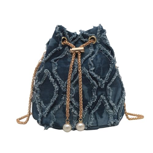 jebyltd Damen Quasten DeniMs Eimerbeutel Mit Kettengurt Modische Jeans Crossbody Umhängetasche Perlen Drawschnell Geldbeutel DeniMs Eimer von jebyltd