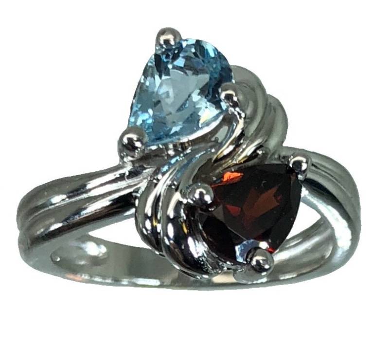 14K Aquamarin & Granat Ring, Free Sizing von jecaland