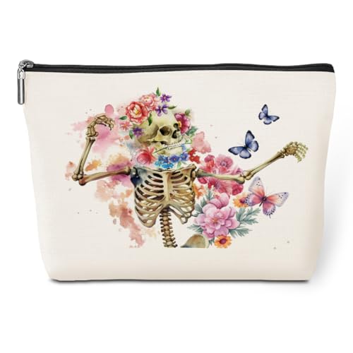 jeilink Lustiger Totenkopf-Skelett Blumen Schmetterling Make-up-Tasche Horror Halloween Kosmetiktaschen für Frauen Tochter Mädchen BFF Freund Schwester Bestie Krankenschwester Frau Freundschaft von jeilink