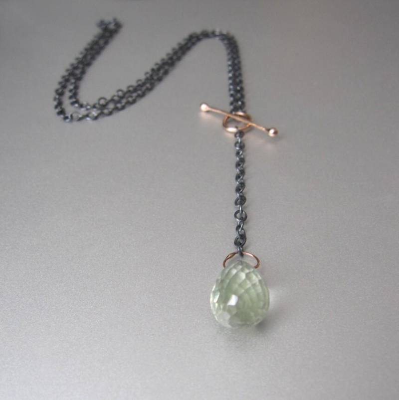 Prasiolith Grüner Amethyst, Quarz Tropfen, Massiv 14K Roségold Und Sterling Silber Toggle Halskette Prasiolith Grüner Amethyst, Quarz Tropfen, Massiv 14K Roségold Und Sterling Silber Toggle Halskette von jenco8