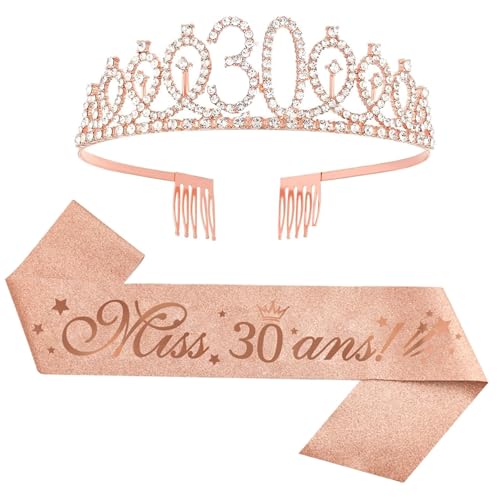 (2 pcs) Couronne Anniversaire 30Ans Echarpe 30 Ans Diadème Tiare de Couronne 30 Ans Or Rose Écharpe Happy 30th Birthday Décoration Ensemble d'anniversaire 30 Femmes von jenich