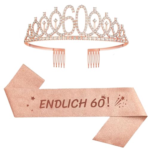 2er Set 60. Geburtstag Schärpe und Tiara Rosa Geburtstag Schärpe Geburtstag Krone 60 Geburtstagskrone Prinzessin Kristall Krone Schärpe für Frauen 60. Geburtstag Geschenke Partyzubehör von jenich