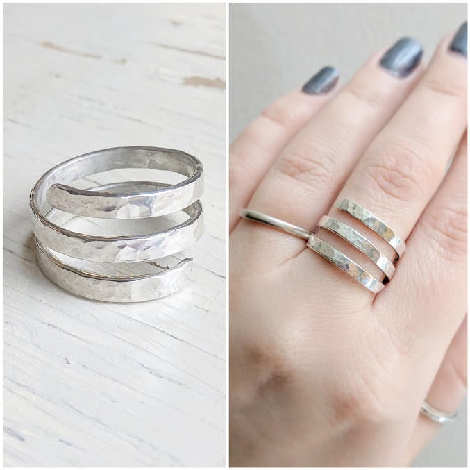 Dreifacher Spiralring, 925 Sterling Silber, Gehämmerter Wickelring, Massiver Silber Statement Ring, Dreifacher Spulenring Für Sie von jennascifres