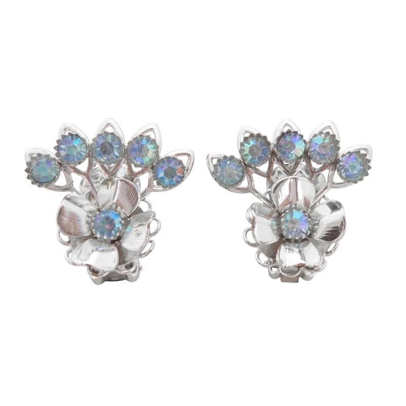 1950Er Hellblau Irisierender Strass Aurora Borealis Und Silber Blumen Fächer Form Mid Century Retro Chunky Floral Boho Ohrclips von jennydayco