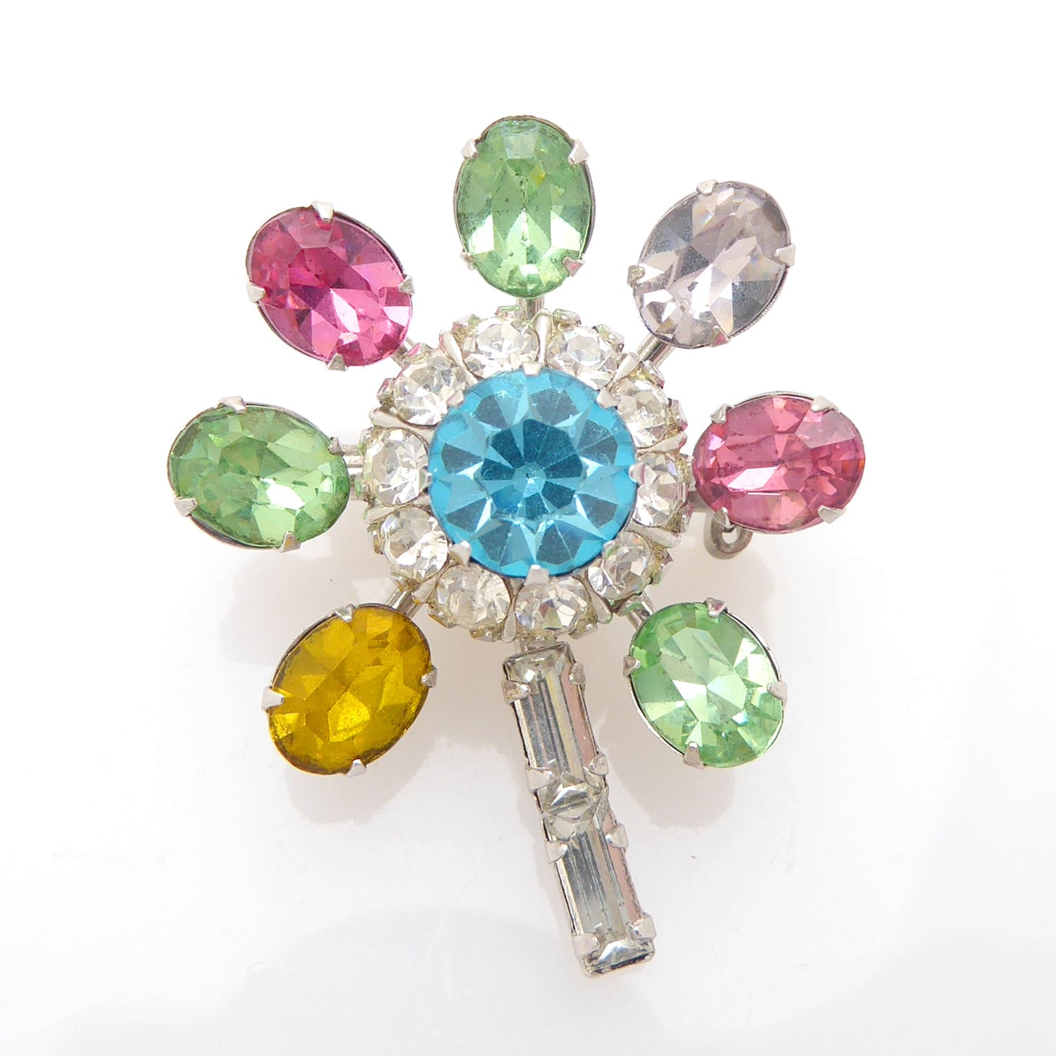 1950S Coro Pastell Rosa Grün Gelb Blau Klare Strass Daisy Blume Funkelnde Kleine Statement Feminine Retro Rockabilly Brosche 1950S Coro Pastell Rosa Grün Gelb Blau Klare Strass Daisy Blume Funkelnde Kleine Statement Feminine Retro Rockabilly Brosche von jennydayco