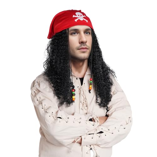 Piraten Seeräuber Perücke Piratenperücke mit Perlen und Roten Skelett Bandana Piratenkostüm Piratenhut für Kopftuch Pirat Cosplay Fasching Karneval Mottoparty Halloween von jerbro
