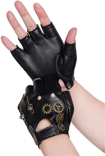 jerbro 1 Paar Punk Handschuhe Halb Steampunk Finger PU Leder Aushöhlen Fingerlose Zahnräder Handschuhe für Erwachsene Hip Hop Halloween Cosplay Karneval Kostüm von jerbro