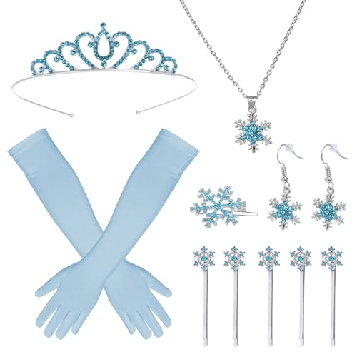 jerbro Damen Prinzessin Kostüm Krone Handschuhe Schneeflocken Haarspangen Kette Frozen Zubehör für Karneval Halloween Fasching Cosplay Party von jerbro