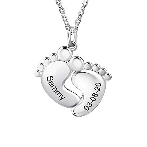 jewel Personalisierte Baby Fuß Anhänger Halskette mit Name Datum Gravur Halskette Mutter Tochter Frauen Halskette Geschenk zum Geburtstag Weihnachten Muttertag (Silber 2) von Jewel Zone US