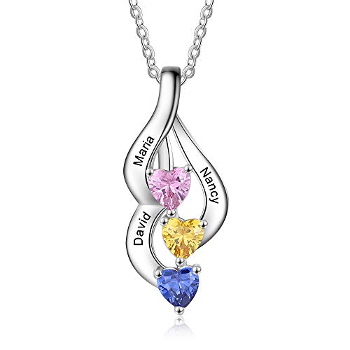 jewel Personalisierte Herz Halskette mit Silber Anhänger Gravur Namen Simulierte Geburtsstein Halskette Mutter Tochter Damen Geschenk für Muttertag Valentinstag (Silber 5) von Jewel Zone US