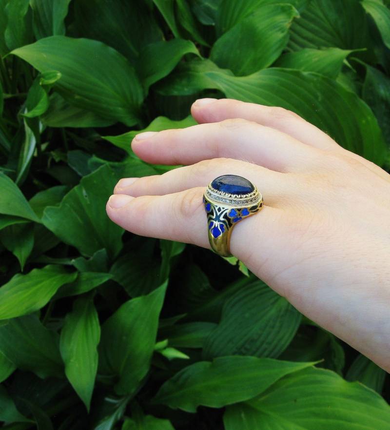 Jugendstil Ring - 14K Goldring Emaille Lapis Lazuli Diamanten Altmodisch von jewelAbench