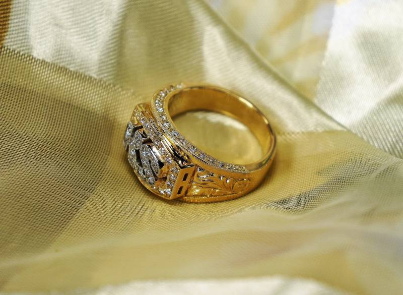 Signet Ring - Personalisierter 14K Gold Diamanten Handgravur Initialen Monogramm Unisex Art Deco von jewelAbench