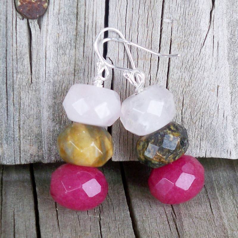 Hellrosa, Braun, Beeren Edelstein Ohrringe Silber Fisch-Haken Anhänger von jewelbytessyla