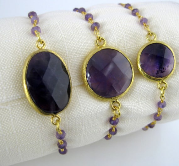 Edelstein Perlen Armband - Amethyst Auf Einem Draht Gewickelt Goldkette Verstellbares S15B3-11 von jewelersparadise