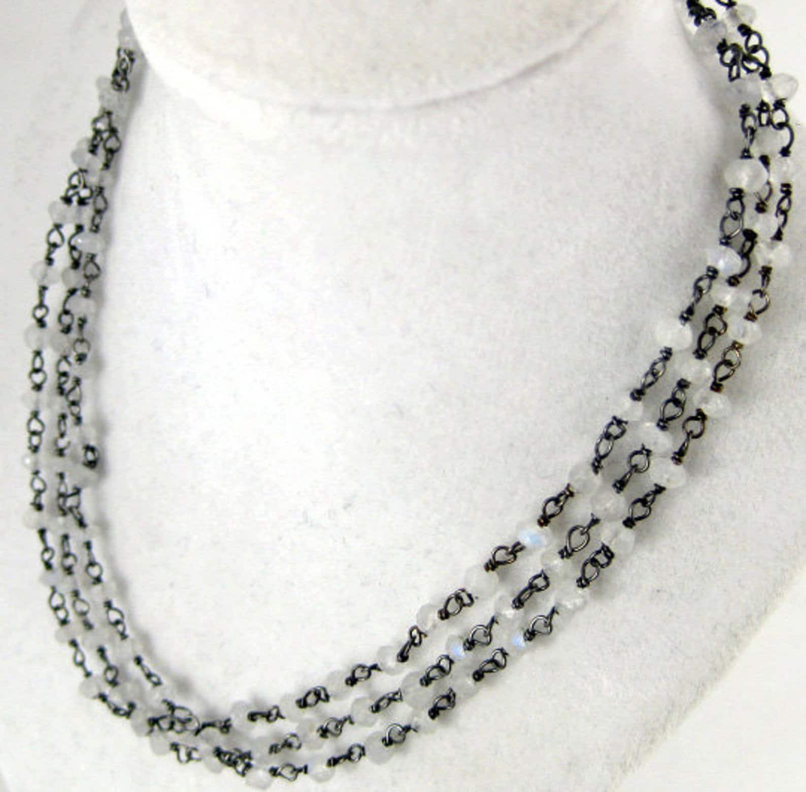 Edelstein Perlen Kette Fertige 30 "Mondstein 4mm Auf Schwarz Polish Wire Wrapped Mit Karabinerverschluss 9Brownshelf-122-06 von jewelersparadise