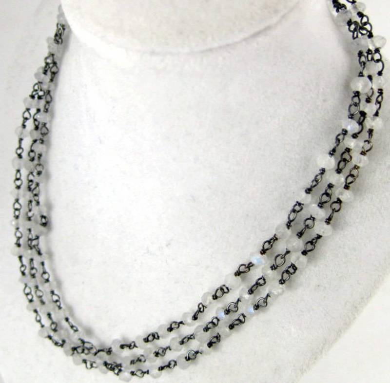 Edelstein Perlen Kette Fertige 30 "Mondstein 4mm Auf Schwarz Polish Wire Wrapped Mit Karabinerverschluss 9Brownshelf-122-06 von jewelersparadise