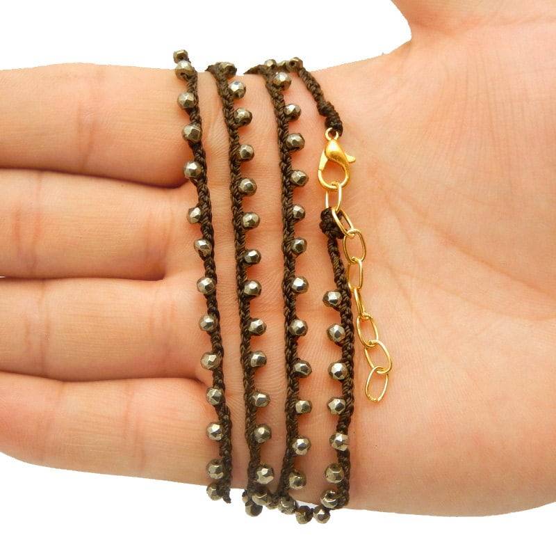 Edelstein Perlen Kette Fertige 30 "Pyrit Perle An Brauner Gehäkelter Mit Gold Karabinerverschluss | 9Brownshelf-120-04 von jewelersparadise