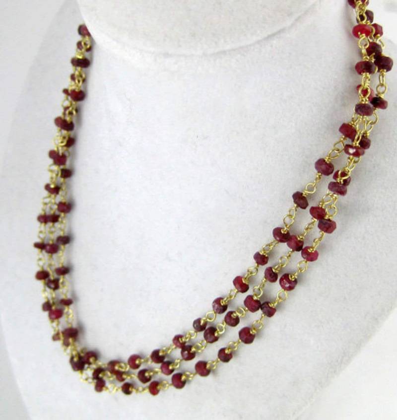 Edelstein Perlen Kette - Finished 30 "Gefärbte Rubin 4 Mm Auf Gold Über Sterling Draht Gewickelt Und Karabinerverschluss 9Brownshelf-122-05 von jewelersparadise