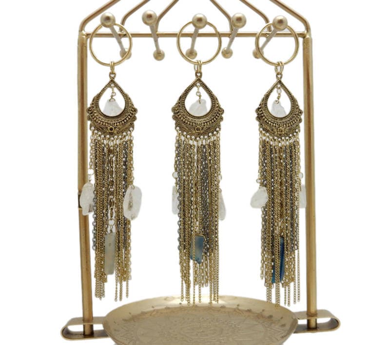 Edelstein-Quaste Schlüsselanhänger Mit Antiker Goldfarbener Kette Und Akzenten Kristallquarz Blauem Achat Baumelt | S122B11 von jewelersparadise