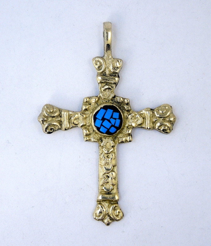 Großes Messing Kreuz Mit Türkiser Farbe Mosaik Religiöser Schmuck | S32B3-01 von jewelersparadise