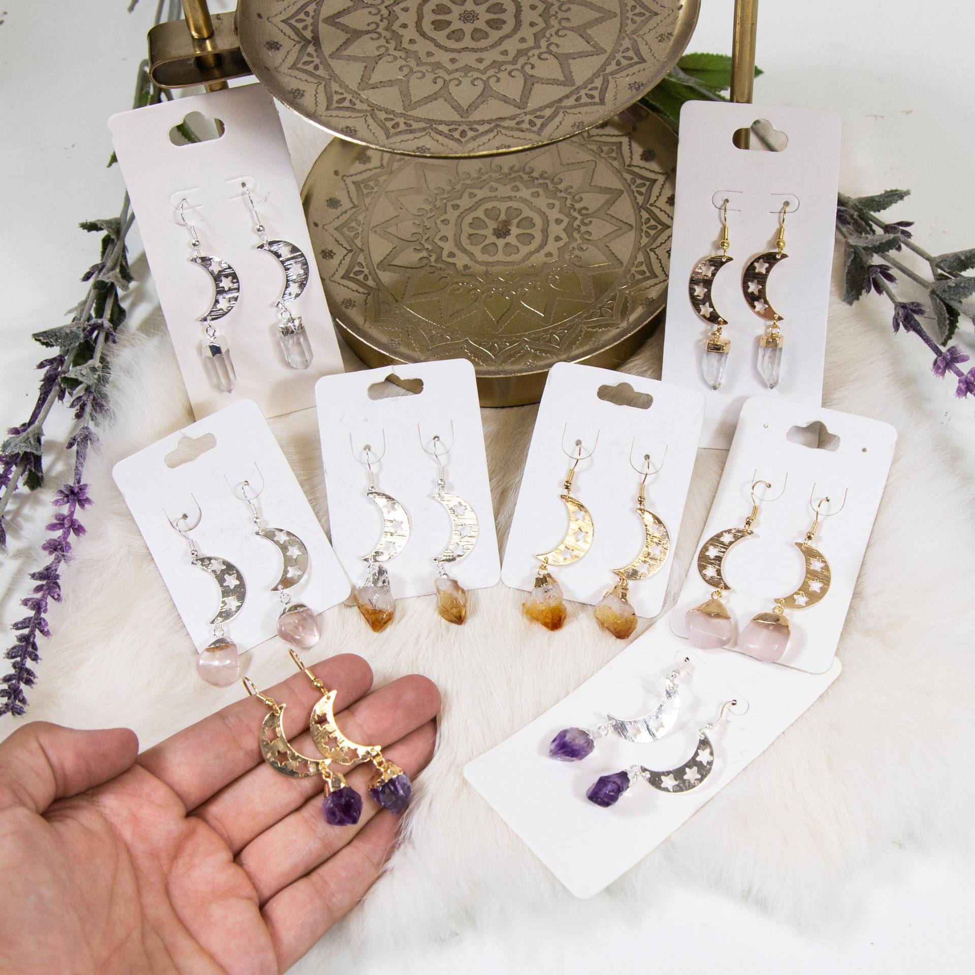 Mond Mit Edelsteinen Ohrringe - Citrin Amethyst Kristall Quarz Und Rosenquarz Galvanisiertes Gold/Silber | 8Brownshelf von jewelersparadise