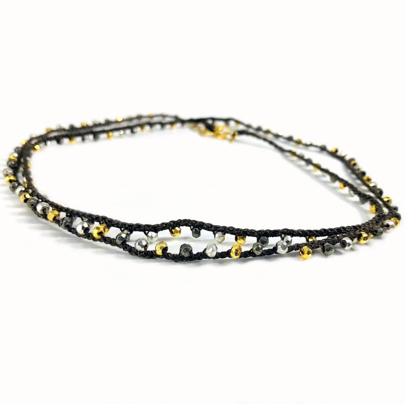 Multi-Pyrit Perlen An Brauner Geknoteter Kette - 30 "-Fertige Halskette Mit Gold Karabinerverschluss | 9Brownshelf-119-04 von jewelersparadise