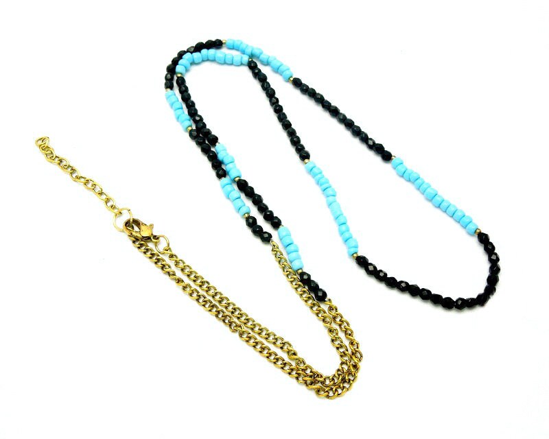 Perlenkette Goldfarben Fertige 31 "Türkis Und Schwarzer Onyx 4 Mm Perle Mit Karabinerverschluss | S38B6-01 von jewelersparadise