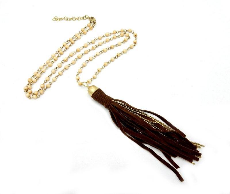 Quaste Halskette - Braunes Leder Mit Perlen Akzente Und Kette von jewelersparadise