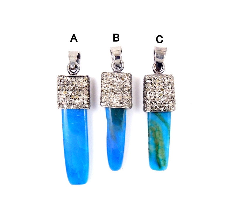 Wunderschöne Pave Diamant Blaue Spitze Achat Horn Spike Anhänger Mit Einer Oxidierten Sterling Silber Kappe -Sie Wählen | Ex13-02 von jewelersparadise