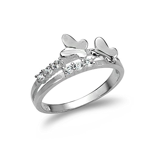 Sterling Silber Ring mit zwei Reihen. Mit CZ Kristallen & Schmetterlingen | Ringgröße: 55 (Durchmesser: 17,5mm) von jewellerybox