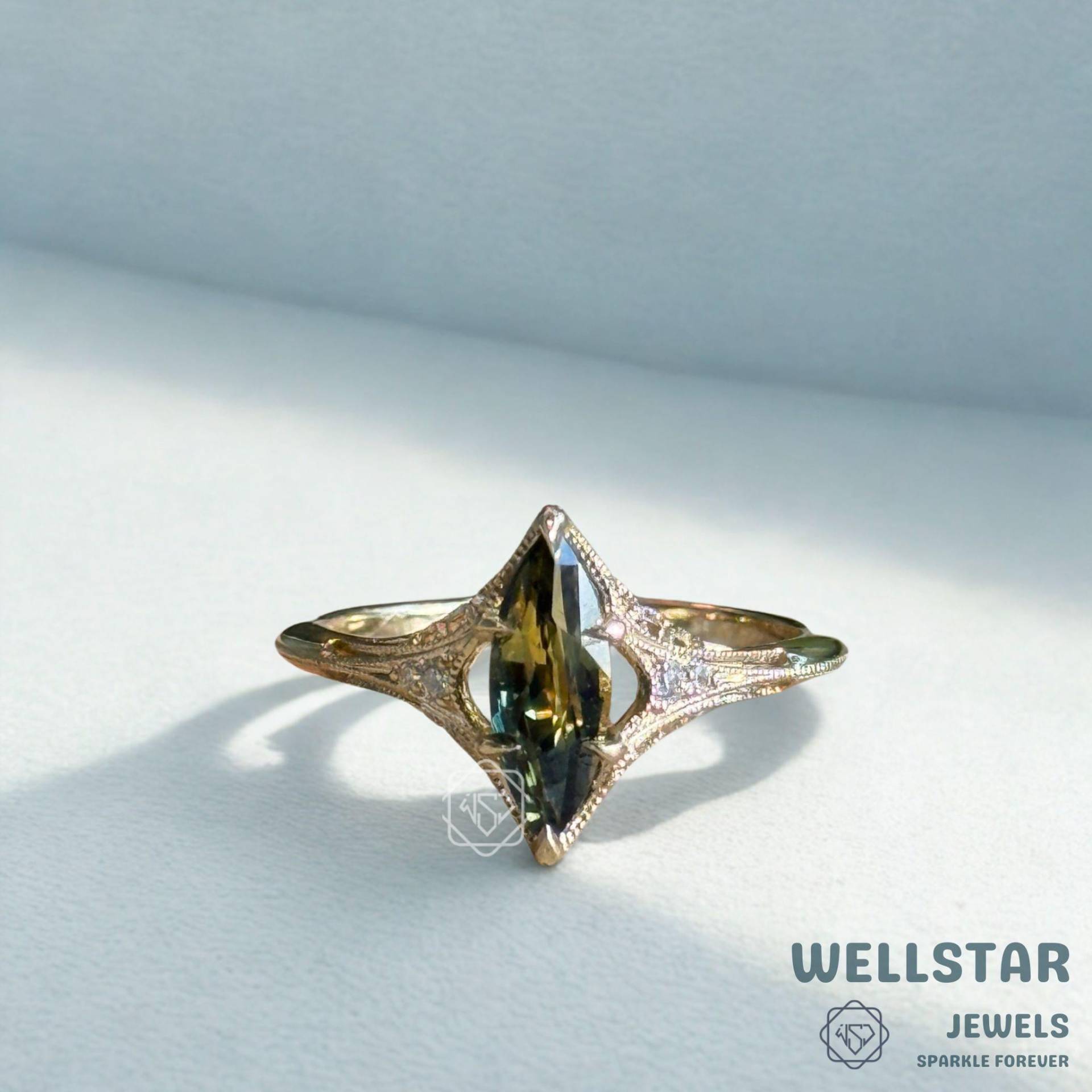2.50 Ct Marquise-Cut Green Diamond Ring in Yellow Gold | Vintage-Inspired Milgrain Engagement 10K Wedding Ring von jewellerybywellstar