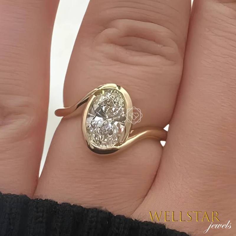 2.00 Ct Oval Cut Moissanite Ring Solitaire Engagement Bezel Set 10K 14K 18K Yellow White Rose Gold Dainty Minimalist Wedding Band von jewellerybywellstar