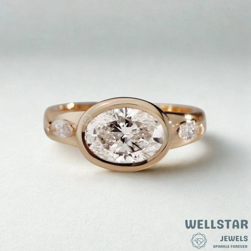 2.00 Ct Oval Lab Diamond Engagement Ring With Side Stones in 14K Yellow Gold | Bezel Set Three Stone Bridal Jewelry von jewellerybywellstar
