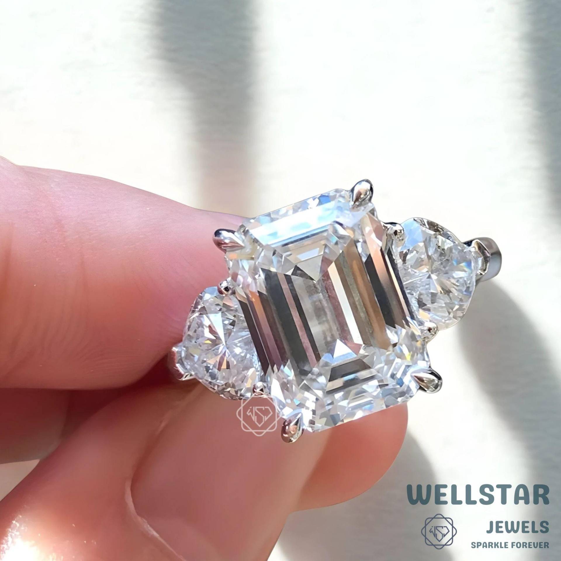 3.00 Ct Emerald Cut Lab Grown Diamond Solitaire With Half Moon Side Stones | White Gold 10Kt Ring Timeless Bridal Jewelry von jewellerybywellstar