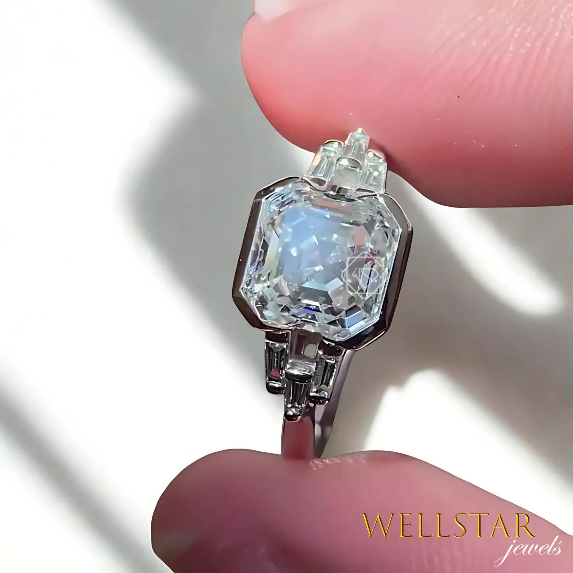 3Ct Asscher Cut Moissanite Engagement Ring With Baguette Side Stones Platinum Finish von jewellerybywellstar
