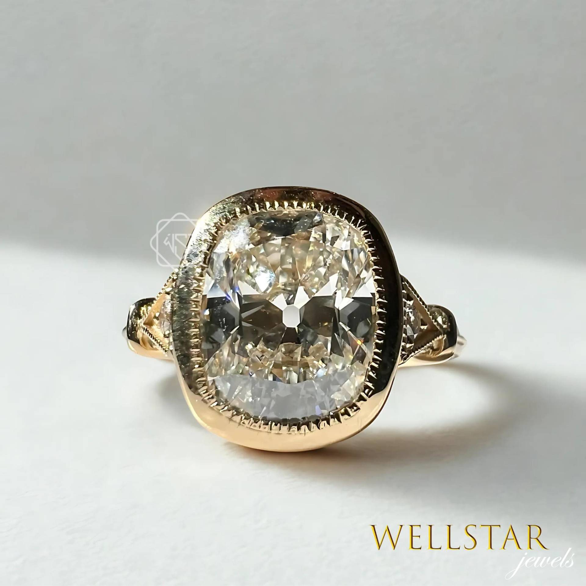 3Ct Cushion Moissanite Engagement Ring With Round Accent Stone 10K 14K 18K Yellow White Rose Gold Vintage Milgrain Bezel Set von jewellerybywellstar
