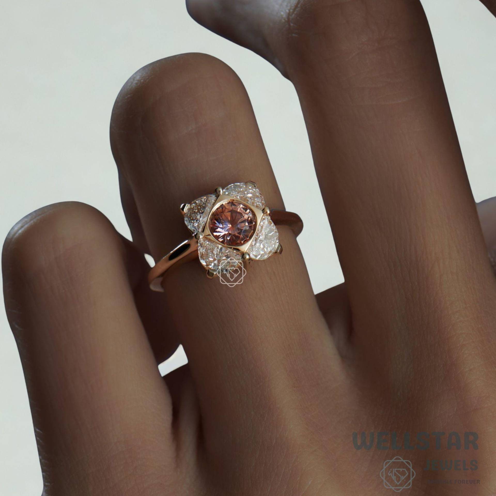 Unique Floral Cluster Engagement Ring 2.00 Ct Moissanite Round & Half Moon Cut Diamond 14K Yellow Gold For Women von jewellerybywellstar