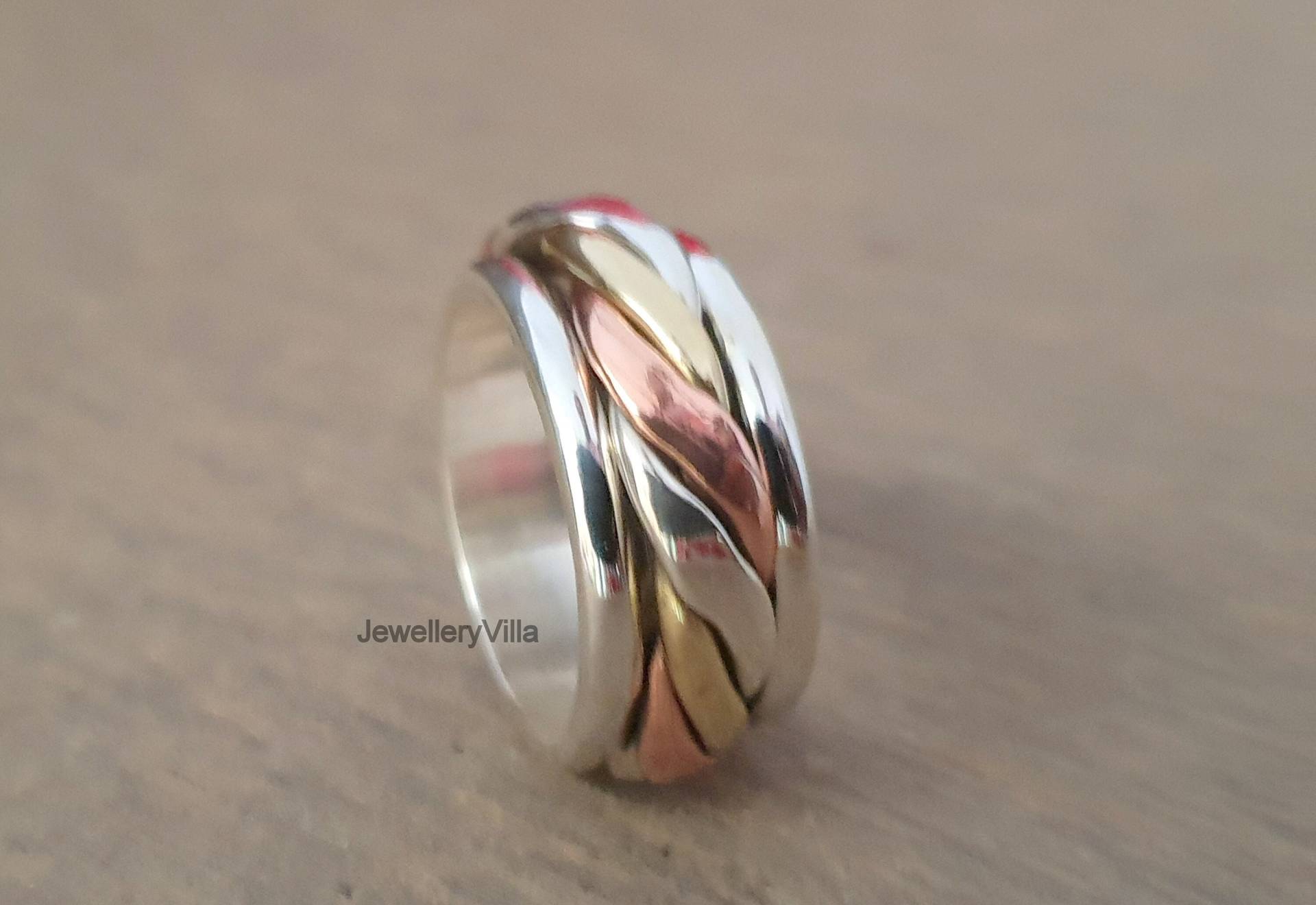 Angst Spinner Ring, 925 Sterling Silber Personalisierter Geschenk Gravierter Damen Drei Farbe Band Ring von jewelleryvilla