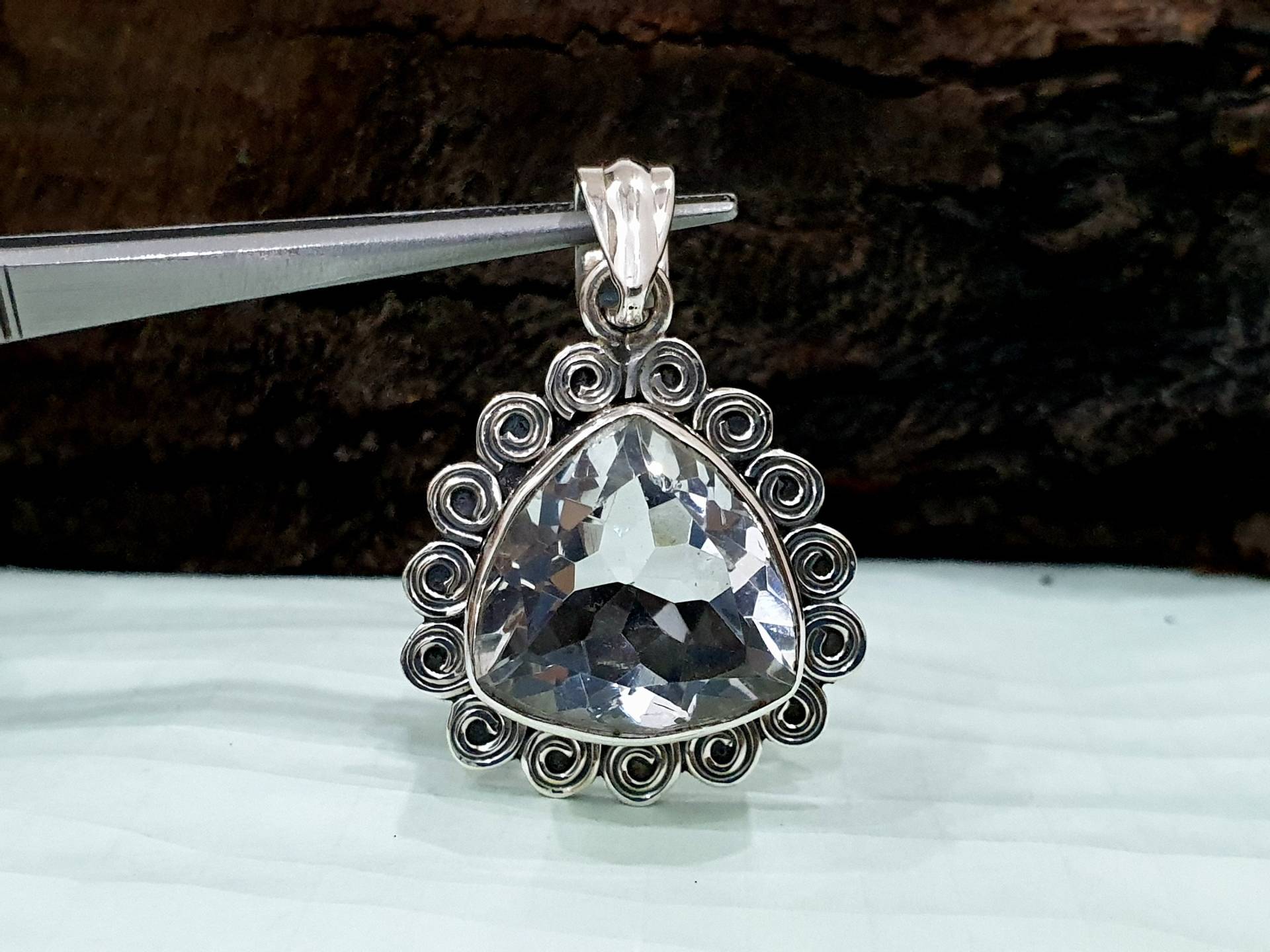 Klarer Quarz Anhänger, 925 Massiv Sterling Silber Kristall Klarer Edelstein, Designer Antiker Geschenk Anhänger von jewelleryvilla