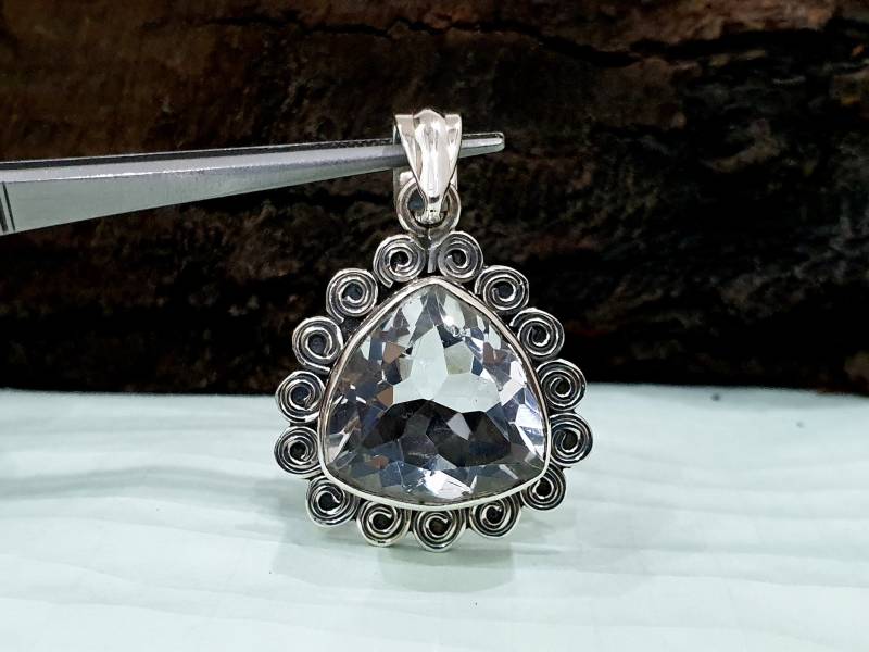 Klarer Quarz Anhänger, 925 Massiv Sterling Silber Kristall Klarer Edelstein, Designer Antiker Geschenk Anhänger von jewelleryvilla