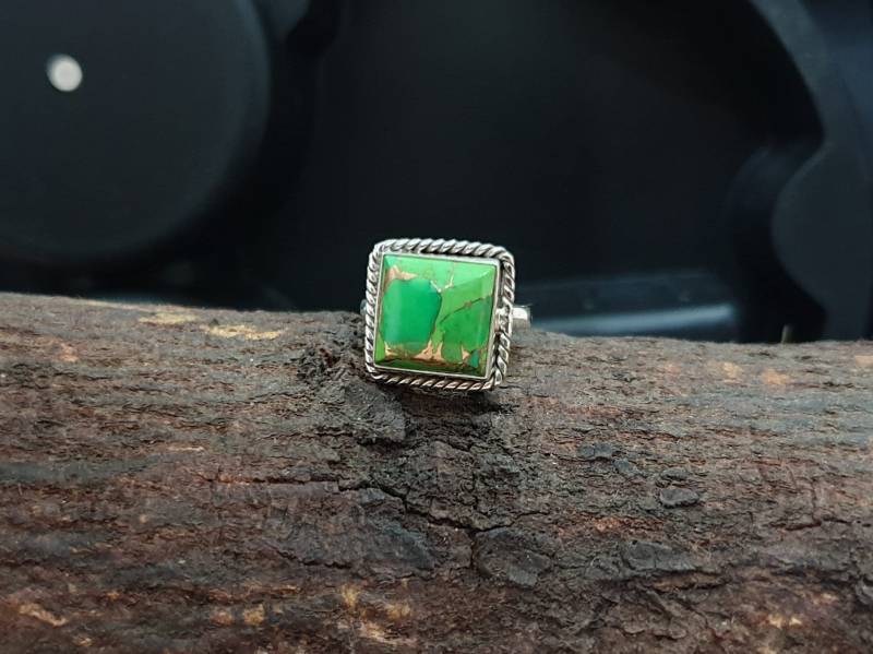 Natürlicher Grüner Kupfer Türkis Ring, 925 Sterling Silber Edelstein Roségold, 18K Gold Vermeil von jewelleryvilla