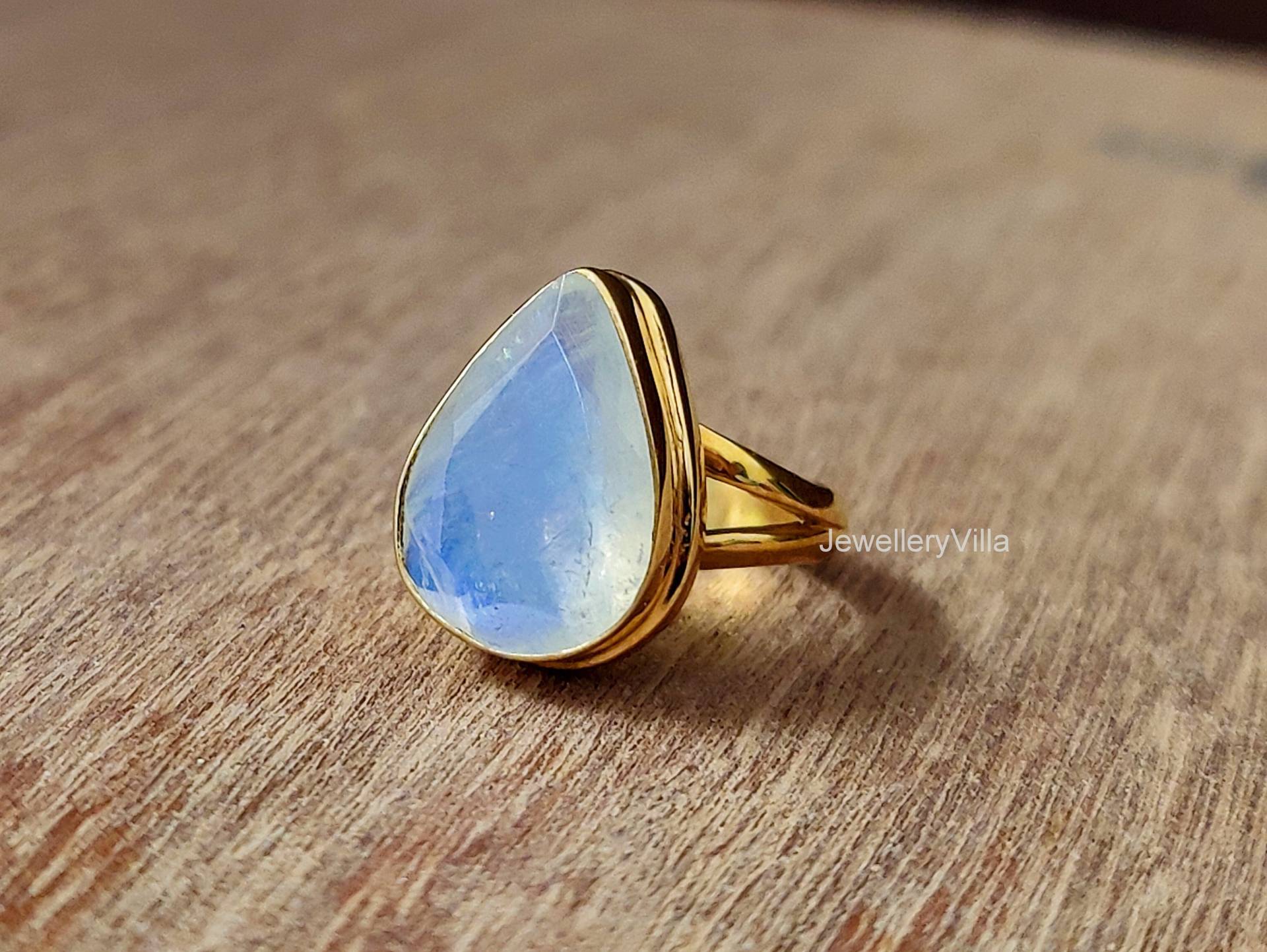 Natürlicher Mondstein Ring, Birnenform Blauer Auffälliger Edelstein 925 Massiv Sterling Silber Frauen Gold Geschenk Handgemachter Ring von jewelleryvilla