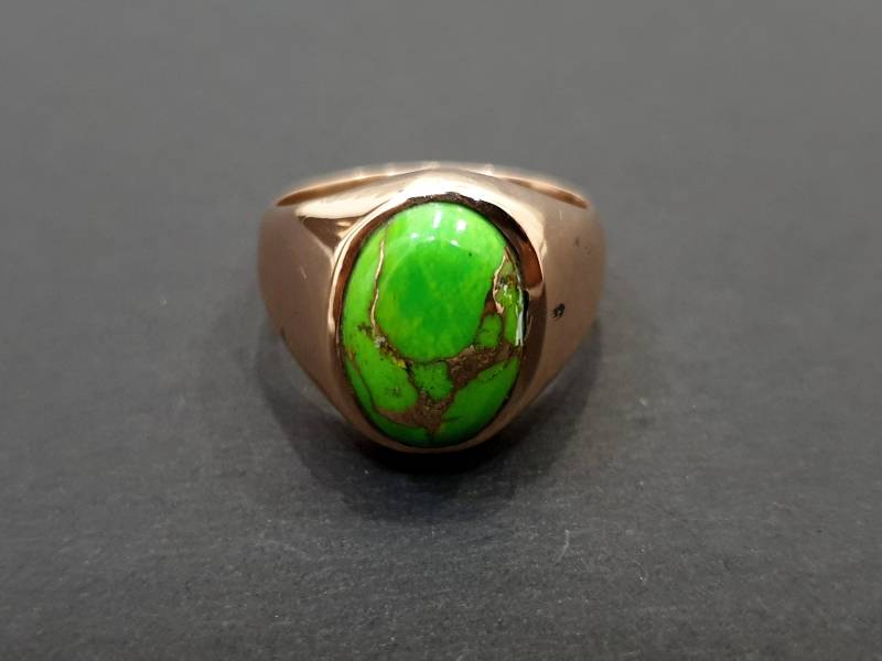 Schwerer Türkis Silber Ring, 925 Massiv Sterling Natürlicher Oval Grüner Kupfer Edelstein, Roségold, 22K Gelbgoldfüllung von jewelleryvilla